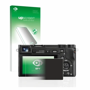 Vorderseite einer Produktverpackung mit dem Markenlogo upscreen. Daneben ist das Gerät Sony Alpha 6000 mit dem zugehörigen Dis