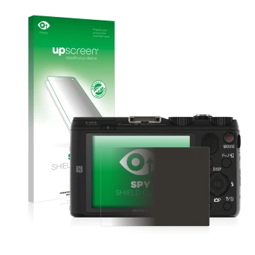 Vorderseite einer Produktverpackung mit dem Markenlogo upscreen. Daneben ist das Gerät Sony Cyber-Shot DSC-HX60V mit dem zugeh