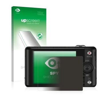 Vorderseite einer Produktverpackung mit dem Markenlogo upscreen. Daneben ist das Gerät Sony Cyber-Shot DSC-WX220 mit dem zugeh