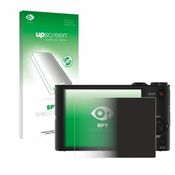 Vorderseite einer Produktverpackung mit dem Markenlogo upscreen. Daneben ist das Gerät Sony Cyber-Shot DSC-WX350 mit dem zugeh
