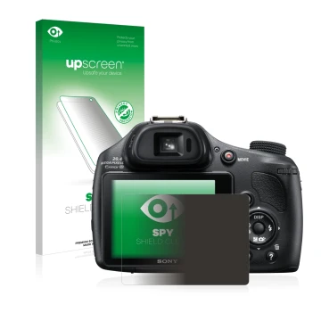 Vorderseite einer Produktverpackung mit dem Markenlogo upscreen. Daneben ist das Gerät Sony Cyber-Shot DSC-HX400V mit dem zuge