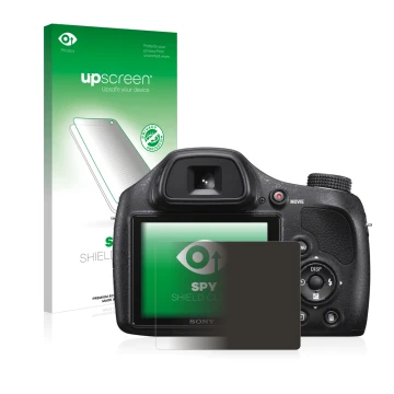 Vorderseite einer Produktverpackung mit dem Markenlogo upscreen. Daneben ist das Gerät Sony Cyber-Shot DSC-H400 mit dem zugehö