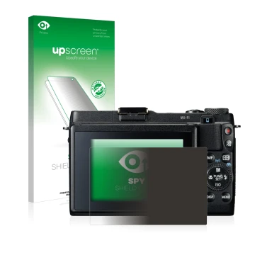 Vorderseite einer Produktverpackung mit dem Markenlogo upscreen. Daneben ist das Gerät Canon PowerShot G1 X Mark II mit dem zu