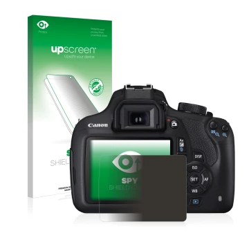 Vorderseite einer Produktverpackung mit dem Markenlogo upscreen. Daneben ist das Gerät Canon EOS 1200D mit dem zugehörigen Dis