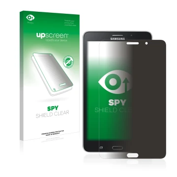 Vorderseite einer Produktverpackung mit dem Markenlogo upscreen. Daneben ist das Gerät Samsung Galaxy Tab Tab 4 7.0 LTE mit de