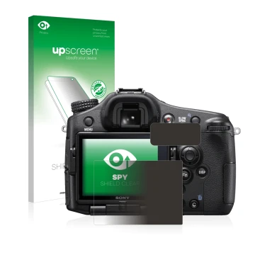 Vorderseite einer Produktverpackung mit dem Markenlogo upscreen. Daneben ist das Gerät Sony Alpha 77 II (SLT-A77 II) mit dem z