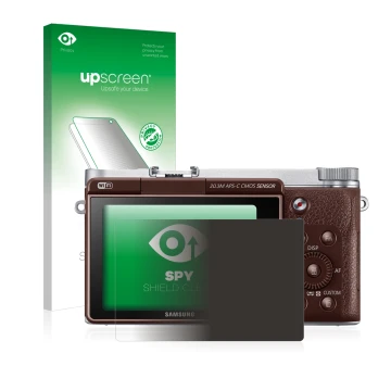 Vorderseite einer Produktverpackung mit dem Markenlogo upscreen. Daneben ist das Gerät Samsung NX3000 mit dem zugehörigen Disp