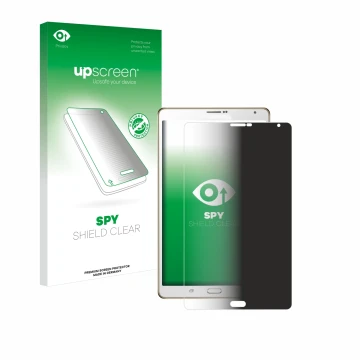 Vorderseite einer Produktverpackung mit dem Markenlogo upscreen. Daneben ist das Gerät Samsung Galaxy Tab S 8.4 SM-T705 mit de