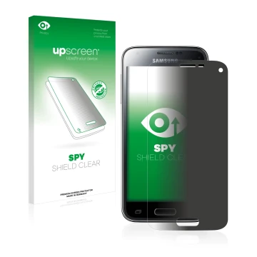 Vorderseite einer Produktverpackung mit dem Markenlogo upscreen. Daneben ist das Gerät Samsung Galaxy S5 Mini SM-G800 mit dem 