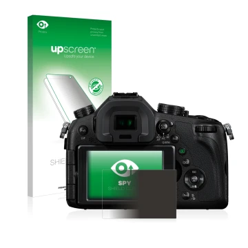 Vorderseite einer Produktverpackung mit dem Markenlogo upscreen. Daneben ist das Gerät Panasonic Lumix DMC-FZ1000 mit dem zuge