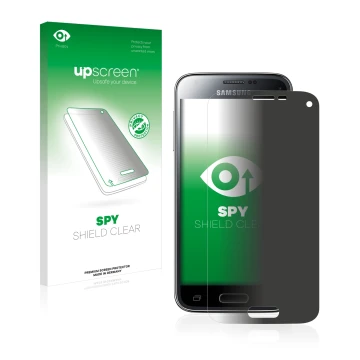 Vorderseite einer Produktverpackung mit dem Markenlogo upscreen. Daneben ist das Gerät Samsung Galaxy S5 Mini SM-G800F mit dem