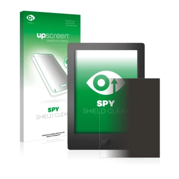 Vorderseite einer Produktverpackung mit dem Markenlogo upscreen. Daneben ist das Gerät Kobo Aura H2O mit dem zugehörigen Displ