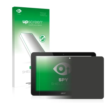 Vorderseite einer Produktverpackung mit dem Markenlogo upscreen. Daneben ist das Gerät Acer Iconia Tab 10 A3-A20 mit dem zugeh