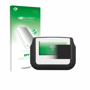 Vorderseite einer Produktverpackung mit dem Markenlogo upscreen. Daneben ist das Gerät Signotec Signature Pad Sigma mit dem zu