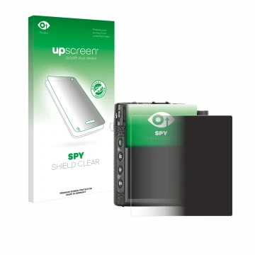 Vorderseite einer Produktverpackung mit dem Markenlogo upscreen. Daneben ist das Gerät Fujifilm X10 mit dem zugehörigen Displa