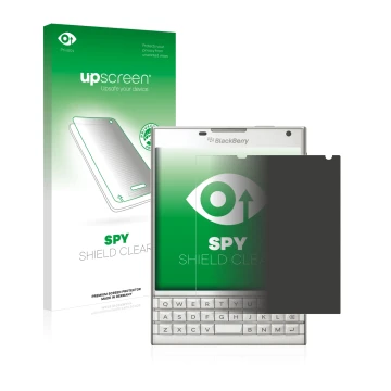 Vorderseite einer Produktverpackung mit dem Markenlogo upscreen. Daneben ist das Gerät BlackBerry Passport mit dem zugehörigen