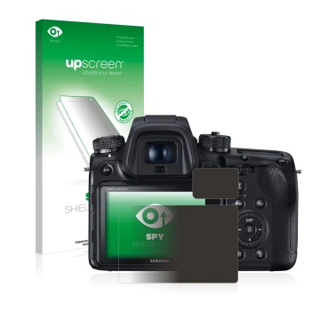 Vorderseite einer Produktverpackung mit dem Markenlogo upscreen. Daneben ist das Gerät Samsung NX1 mit dem zugehörigen Display