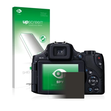 Vorderseite einer Produktverpackung mit dem Markenlogo upscreen. Daneben ist das Gerät Canon PowerShot SX60 HS mit dem zugehör