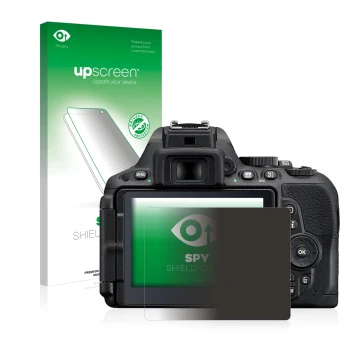 Vorderseite einer Produktverpackung mit dem Markenlogo upscreen. Daneben ist das Gerät Nikon D5500 mit dem zugehörigen Display