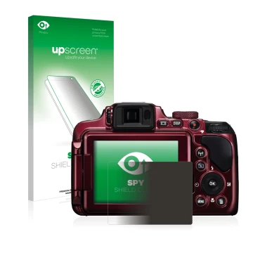 Vorderseite einer Produktverpackung mit dem Markenlogo upscreen. Daneben ist das Gerät Nikon Coolpix P610 mit dem zugehörigen 