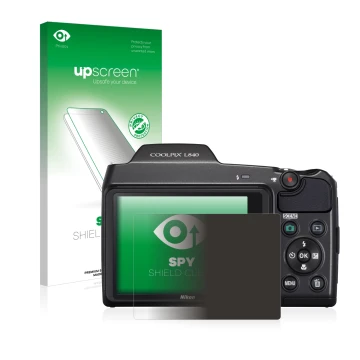 Vorderseite einer Produktverpackung mit dem Markenlogo upscreen. Daneben ist das Gerät Nikon Coolpix L840 mit dem zugehörigen 