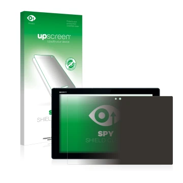 Vorderseite einer Produktverpackung mit dem Markenlogo upscreen. Daneben ist das Gerät Sony Xperia Z4 Tablet mit dem zugehörig
