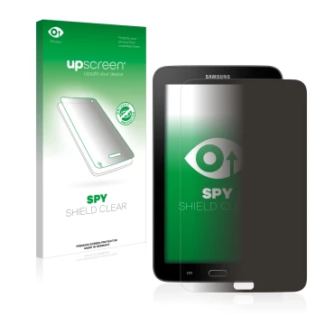 Vorderseite einer Produktverpackung mit dem Markenlogo upscreen. Daneben ist das Gerät Samsung Galaxy Tab 3 SM-T113 mit dem zu