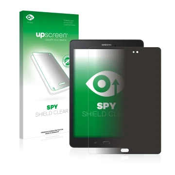 Vorderseite einer Produktverpackung mit dem Markenlogo upscreen. Daneben ist das Gerät Samsung Galaxy Tab A 9.7 mit dem zugehö