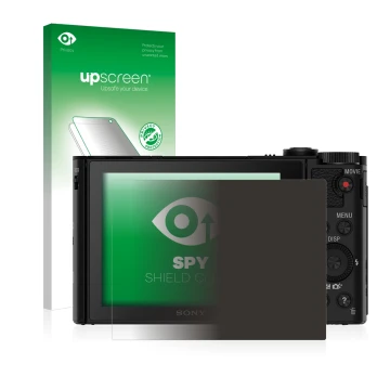 Vorderseite einer Produktverpackung mit dem Markenlogo upscreen. Daneben ist das Gerät Sony Cyber-Shot DSC-HX90V mit dem zugeh