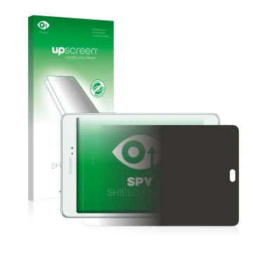 Vorderseite einer Produktverpackung mit dem Markenlogo upscreen. Daneben ist das Gerät Samsung Galaxy Tab A 8.0 mit dem zugehö