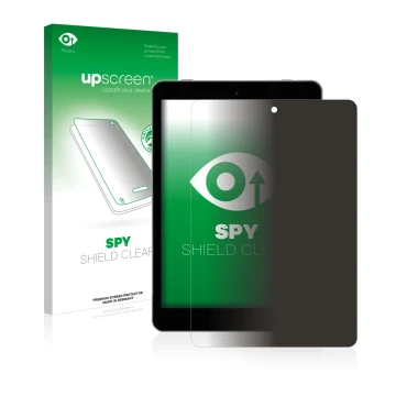 Vorderseite einer Produktverpackung mit dem Markenlogo upscreen. Daneben ist das Gerät Kiano SlimTab 8 mit dem zugehörigen Dis