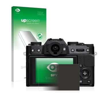 Vorderseite einer Produktverpackung mit dem Markenlogo upscreen. Daneben ist das Gerät Fujifilm X-T10 mit dem zugehörigen Disp