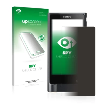 Vorderseite einer Produktverpackung mit dem Markenlogo upscreen. Daneben ist das Gerät Sony Walkman NW-ZX2 mit dem zugehörigen