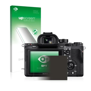 Vorderseite einer Produktverpackung mit dem Markenlogo upscreen. Daneben ist das Gerät Sony Alpha 7R II mit dem zugehörigen Di