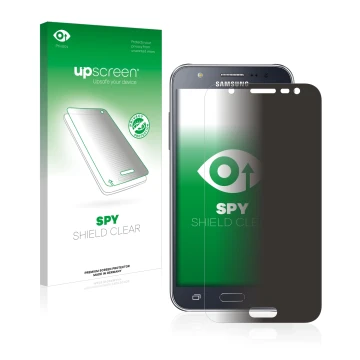 Vorderseite einer Produktverpackung mit dem Markenlogo upscreen. Daneben ist das Gerät Samsung Galaxy J5 2015 mit dem zugehöri