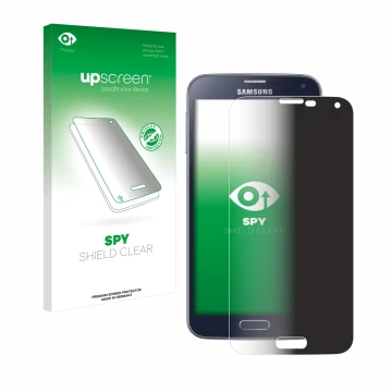 Vorderseite einer Produktverpackung mit dem Markenlogo upscreen. Daneben ist das Gerät Samsung Galaxy S5 Neo mit dem zugehörig