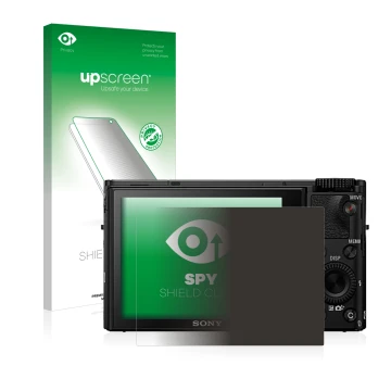 Vorderseite einer Produktverpackung mit dem Markenlogo upscreen. Daneben ist das Gerät Sony Cyber-Shot DSC-RX100 IV mit dem zu