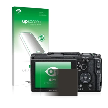 Vorderseite einer Produktverpackung mit dem Markenlogo upscreen. Daneben ist das Gerät Ricoh GR II 2015 mit dem zugehörigen Di