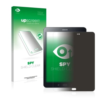 Vorderseite einer Produktverpackung mit dem Markenlogo upscreen. Daneben ist das Gerät Samsung Galaxy Tab S2 9.7 mit dem zugeh