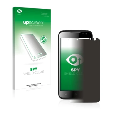 Vorderseite einer Produktverpackung mit dem Markenlogo upscreen. Daneben ist das Gerät Yezz Andy 4.5EL mit dem zugehörigen Dis