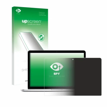 Vorderseite einer Produktverpackung mit dem Markenlogo upscreen. Daneben ist das Gerät Apple MacBook Retina Pro 13