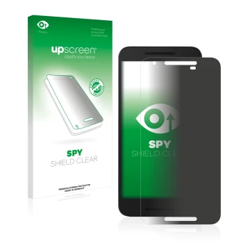 Vorderseite einer Produktverpackung mit dem Markenlogo upscreen. Daneben ist das Gerät Google Nexus 5X mit dem zugehörigen Dis