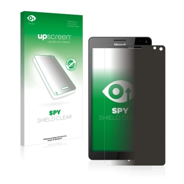 Vorderseite einer Produktverpackung mit dem Markenlogo upscreen. Daneben ist das Gerät Microsoft Lumia 950 XL mit dem zugehöri