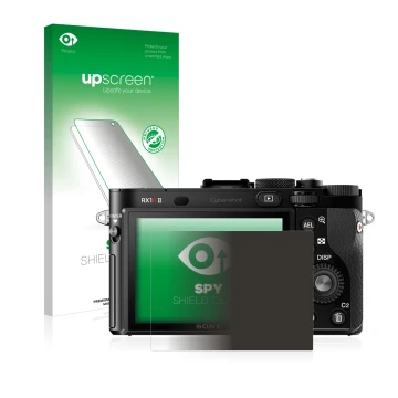 Vorderseite einer Produktverpackung mit dem Markenlogo upscreen. Daneben ist das Gerät Sony Cyber-Shot DSC-RX1R II mit dem zug
