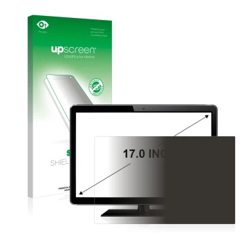 Vorderseite einer Produktverpackung mit dem Markenlogo upscreen. Daneben ist das Gerät mit dem zugehörigen Displayschutz abgeb