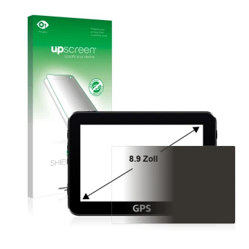 Vorderseite einer Produktverpackung mit dem Markenlogo upscreen. Daneben ist das Gerät mit dem zugehörigen Displayschutz abgeb