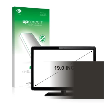 Vorderseite einer Produktverpackung mit dem Markenlogo upscreen. Daneben ist das Gerät mit dem zugehörigen Displayschutz abgeb