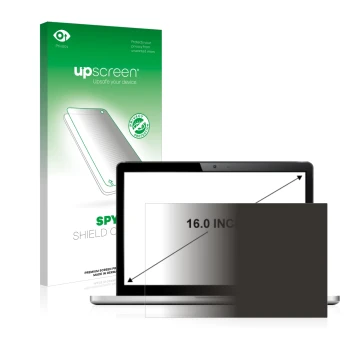 Vorderseite einer Produktverpackung mit dem Markenlogo upscreen. Daneben ist das Gerät mit dem zugehörigen Displayschutz abgeb