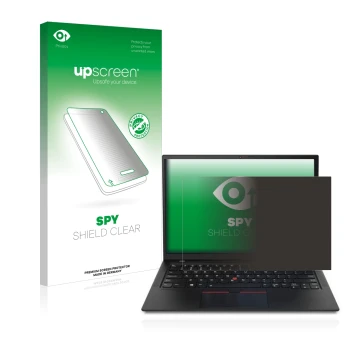 Vorderseite einer Produktverpackung mit dem Markenlogo upscreen. Daneben ist das Gerät Lenovo ThinkPad X1 mit dem zugehörigen 