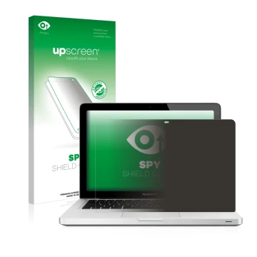 Vorderseite einer Produktverpackung mit dem Markenlogo upscreen. Daneben ist das Gerät Apple MacBook Pro 13